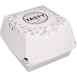Hamburger-Box groß - Papier, weiß, "TASTY...", 120 x 120 x 100 mm, Kt. 300 St. Produktbild